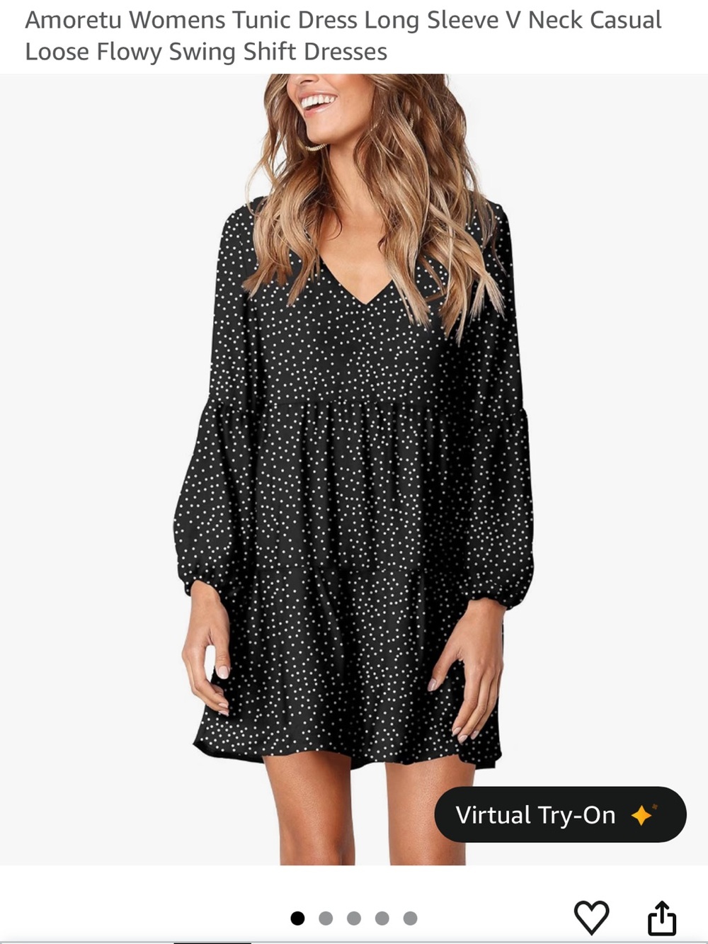 Amoretu Black Polka Dot V-Neck Long Sleeve Tunic Dress